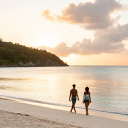 Caribbean Holidays, BVI December Couples, Romantic white-sand beach in the British Virgin Islands at sunset, with two people walking beside calm turquoise water