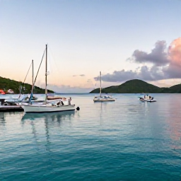 Caribbean Holidays, BVI December Fishing, A calm December morning at a British Virgin Islands marina, colourful fishing boats, turquoise water and distant green islands