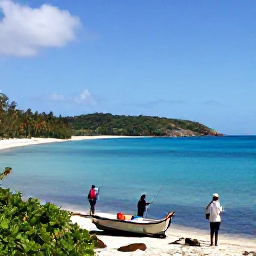 Caribbean Holidays, BVI December Fishing, Anglers enjoying a sunny afternoon fishing beside the sheltered islands of the British Virgin Islands, with a beach and palm trees nearby