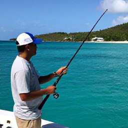 Caribbean Holidays, BVI December Fishing, Friendly local fishing guide helping visitors prepare rods aboard a boat near Norman Island in the British Virgin Islands
