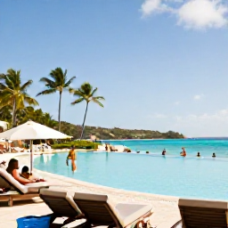 Caribbean Holidays, BVI December Holidays, Comfortable beachfront all-inclusive resort in the British Virgin Islands with a pool, palm trees and guests enjoying a sunny December afternoon