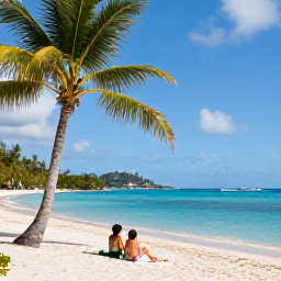 Caribbean Holidays, BVI December Holidays, Couple relaxing on a quiet beach in Tortola, British Virgin Islands, with palm trees, bright blue sea and gentle December light