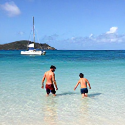 Caribbean Holidays, BVI December Holidays, Couple snorkelling in clear shallow water beside a beautiful British Virgin Islands beach, with a small sailboat offshore and bright tropical sunshine