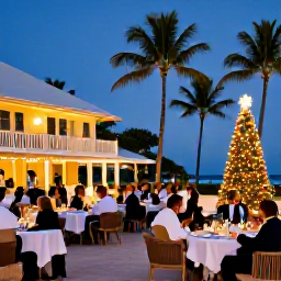 Caribbean Holidays, BVI December Holidays, Festive Caribbean evening at a British Virgin Islands resort, with warm lights, palm trees, a decorated Christmas tree and guests dining outdoors