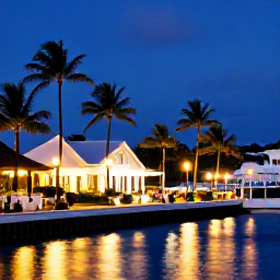 Caribbean Holidays, BVI December Holidays, Festive waterfront evening in Road Town, Tortola, British Virgin Islands, warm lights, palm trees and local Caribbean atmosphere