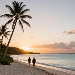 Caribbean Holidays, BVI December Holidays, Peaceful British Virgin Islands beach at sunset with calm turquoise sea, soft golden light, palm trees and a couple walking along the shore