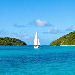 Caribbean Holidays, BVI December Holidays, Sailing boat passing between green Caribbean islands in the British Virgin Islands, bright December sky and calm turquoise water