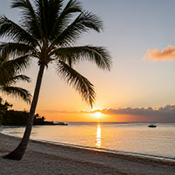 Caribbean Holidays, BVI December Tours, A peaceful sunset over a BVI beach with palm trees, calm water and a small boat offshore