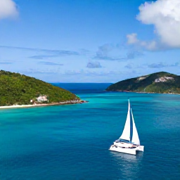 Caribbean Holidays, BVI December Tours, A sailing catamaran passing between turquoise bays and rocky green islands in the British Virgin Islands