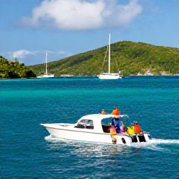 Caribbean Holidays, BVI Family Holidays, A family aboard a small boat sailing past green Caribbean islands and yachts in the British Virgin Islands