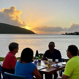 Caribbean Holidays, BVI Family Holidays, A family dining outdoors at a casual waterfront restaurant at sunset in the British Virgin Islands