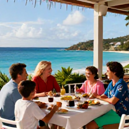 Caribbean Holidays, BVI Family Holidays, A family enjoying a relaxed Christmas meal at an open-air restaurant overlooking the Caribbean Sea in the British Virgin Islands