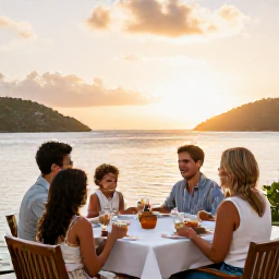 Caribbean Holidays, BVI Family Holidays, A family enjoying a relaxed outdoor dinner at a waterfront restaurant during sunset in the British Virgin Islands