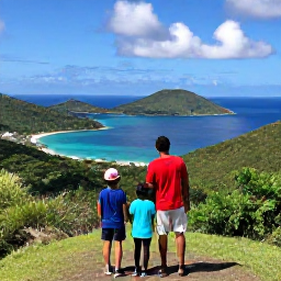 Caribbean Holidays, BVI Family Holidays, A family exploring a green hillside viewpoint overlooking the islands and blue bays of the British Virgin Islands