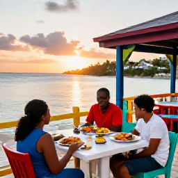 Caribbean Holidays, BVI Family Holidays, A family relaxing at a colourful beachfront restaurant in Tortola, British Virgin Islands, enjoying fresh Caribbean food and a sunset over the water