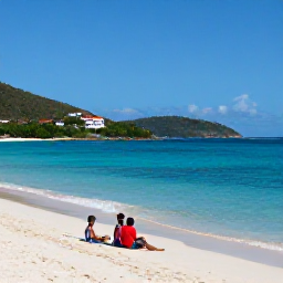 Caribbean Holidays, BVI Family Holidays, A family relaxing on a bright sandy beach beside calm turquoise water in the British Virgin Islands, December sunshine