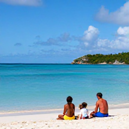 Caribbean Holidays, BVI Family Holidays, A family relaxing on a bright sandy beach beside calm turquoise water on Tortola in the British Virgin Islands