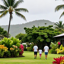 Caribbean Holidays, BVI Family Holidays, A family walking through a lush tropical garden in the British Virgin Islands after a light June shower, with vivid greenery and island hills beyond