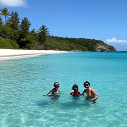 Caribbean Holidays, BVI Family Holidays, Children and parents snorkelling together in clear shallow water beside a sandy beach in the British Virgin Islands