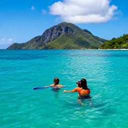 Caribbean Holidays, BVI Family Holidays, Families exploring a calm turquoise bay by boat in the British Virgin Islands, with snorkelling equipment, colourful fish and dramatic green islands in the background