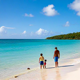Caribbean Holidays, BVI Family Holidays, Parents and children exploring a sheltered Caribbean beach with shallow clear water and colourful fish near Tortola