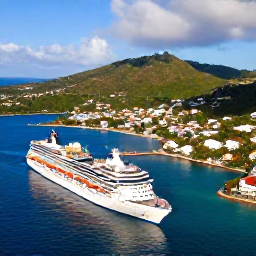 Caribbean Holidays, BVI February Cruises, Aerial view of Tortola harbour with cruise ships, colourful waterfront buildings and lush mountainous scenery in the British Virgin Islands