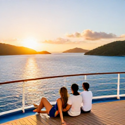 Caribbean Holidays, BVI February Cruises, Couple relaxing on the deck of a cruise ship overlooking the calm blue Caribbean Sea and the British Virgin Islands at sunset