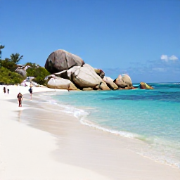 Caribbean Holidays, BVI February Cruises, White sandy beach and crystal-clear turquoise sea at The Baths on Virgin Gorda, with huge granite boulders and visitors exploring the shoreline