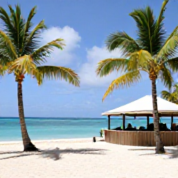 Caribbean Holidays, BVI February Tours, A relaxed beach scene on Jost Van Dyke in the British Virgin Islands, with white sand, palm trees, calm turquoise water and a casual beach bar