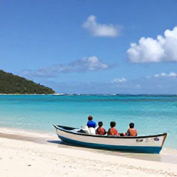 Caribbean Holidays, BVI Fishing April, A family relaxing beside a small fishing boat at a quiet British Virgin Islands beach after a morning at sea