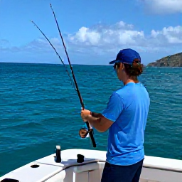 Caribbean Holidays, BVI Fishing April, A local fishing guide preparing rods and tackle on a charter boat in the British Virgin Islands