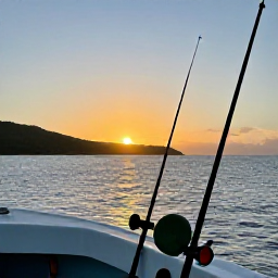 Caribbean Holidays, BVI Fishing March, A peaceful Caribbean sunset over the British Virgin Islands viewed from a fishing boat, with rods and tackle in the foreground