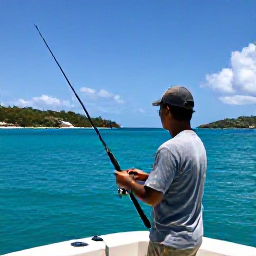 Caribbean Holidays, BVI Fishing March, Friendly local fishing guide helping holidaymakers prepare rods and tackle on a boat in the sunny British Virgin Islands