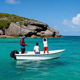 Caribbean Holidays, BVI Fishing May, A quiet reef fishing scene beside a rocky British Virgin Islands island, with a local guide helping visitors catch colourful reef fish