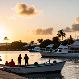 Caribbean Holidays, BVI Fishing May, A relaxed Caribbean harbour in Tortola at sunset, with fishing boats, palm trees and travellers enjoying the waterfront