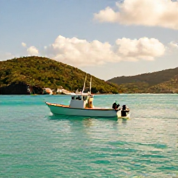 Caribbean Holidays, BVI Fishing May, A small fishing boat heading across calm turquoise water near the British Virgin Islands in warm May sunshine