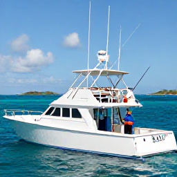 Caribbean Holidays, BVI Fishing May, Anglers enjoying a deep sea fishing trip from a modern boat off Tortola, with bright blue Caribbean sea and distant islands