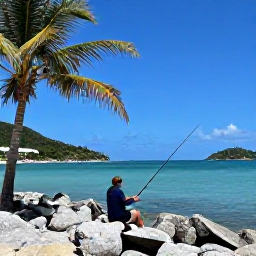 Caribbean Holidays, BVI Fishing September, A relaxed angler casting from a quiet rocky shoreline with palm trees and turquoise water in the British Virgin Islands