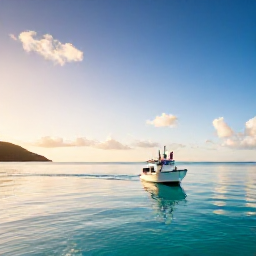 Caribbean Holidays, BVI Fishing September, A small fishing boat heading out at sunrise across calm turquoise waters near Tortola in the British Virgin Islands
