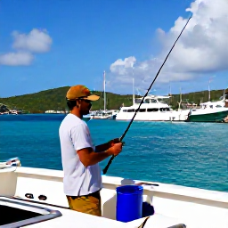 Caribbean Holidays, BVI Fishing September, Friendly fishing crew preparing rods and tackle on a charter boat beside a sunny British Virgin Islands marina