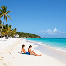 Caribbean Holidays, BVI Honeymoons April, Couple relaxing on a quiet white-sand beach in the British Virgin Islands in April, turquoise sea and palm trees
