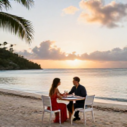 Caribbean Holidays, BVI Honeymoons April, Romantic beachfront dinner for two at sunset on Tortola in the British Virgin Islands