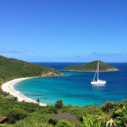 Caribbean Holidays, BVI Honeymoons April, Sailing boat passing green islands and secluded coves in the British Virgin Islands under a clear April sky