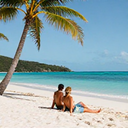 Caribbean Holidays, BVI Honeymoons May, Couple relaxing together on a quiet white-sand beach in the British Virgin Islands, turquoise sea and palm trees, warm May sunshine