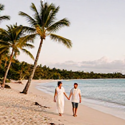 Caribbean Holidays, BVI Honeymoons May, Newlywed couple walking hand in hand along a palm-fringed British Virgin Islands beach in warm late-afternoon light