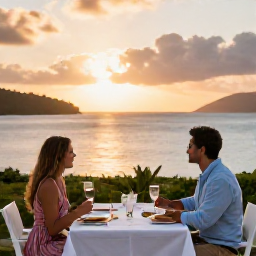 Caribbean Holidays, BVI Honeymoons May, Romantic outdoor dinner for two overlooking a Caribbean bay in the British Virgin Islands at sunset
