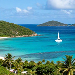 Caribbean Holidays, BVI Honeymoons May, Romantic sailing boat passing green islands and sheltered bays in the British Virgin Islands during a sunny May afternoon