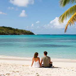 Caribbean Holidays, BVI Honeymoons October, A newlywed couple relaxing on a quiet white-sand beach in the British Virgin Islands, with turquoise water, palm trees and gentle October sunshine