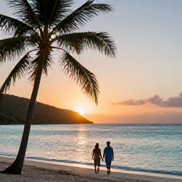 Caribbean Holidays, BVI Honeymoons October, A romantic British Virgin Islands sunset over calm turquoise sea, with palm silhouettes and a couple walking along the beach