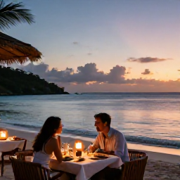Caribbean Holidays, BVI Honeymoons October, An intimate beachfront restaurant in the British Virgin Islands at sunset, with a couple dining beside the sea and warm evening lights
